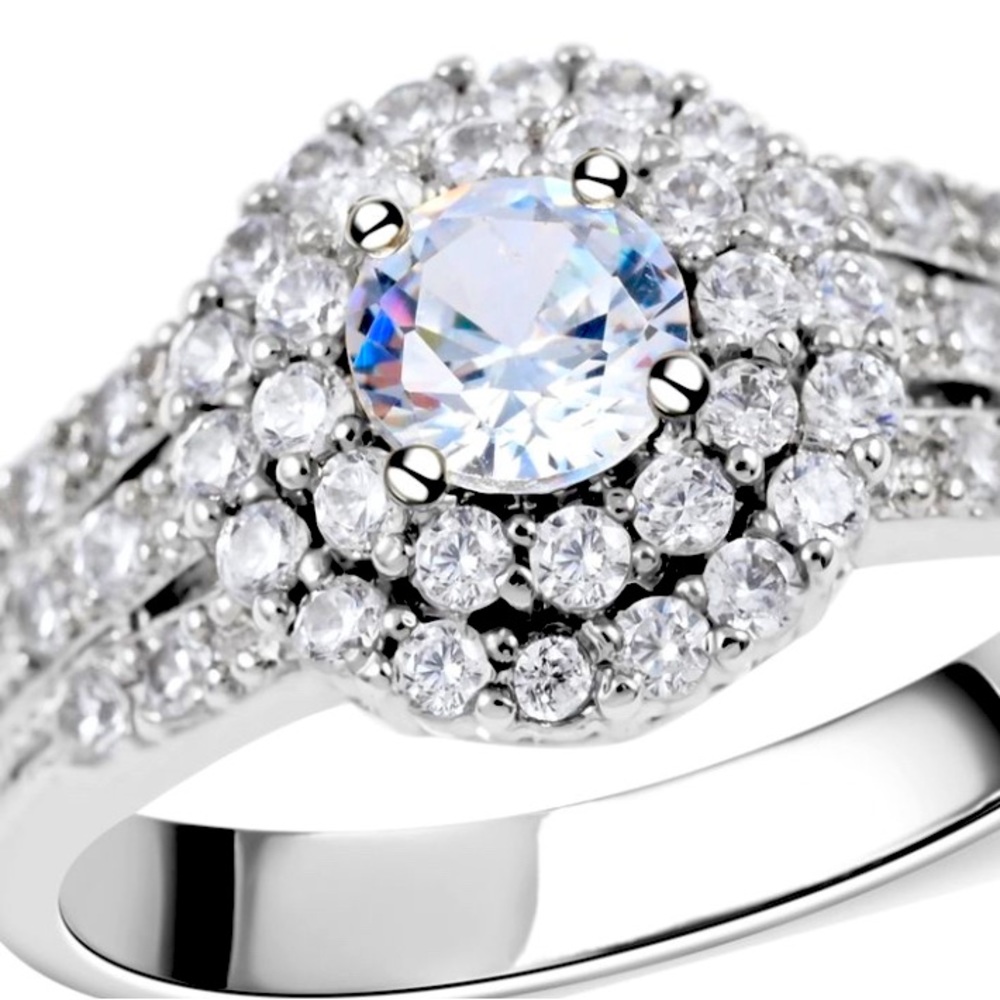 Simulated Diamond Double Halo Ring in Silvertone
